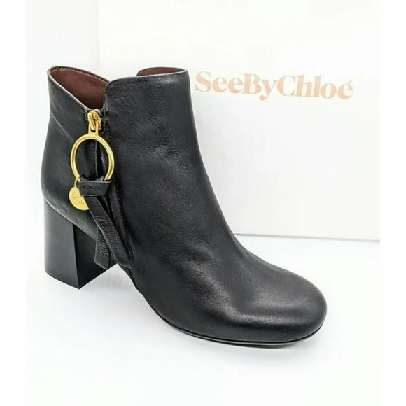 See by Chloé Louise Womens High Block Heel Booties Ring Zip Black Color Size 7.5 - Picture 2 of 11